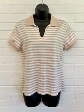 Brooks Brothers Women’s Cotton Short Sleeve Polo in White & Tan, SZ L NWOT